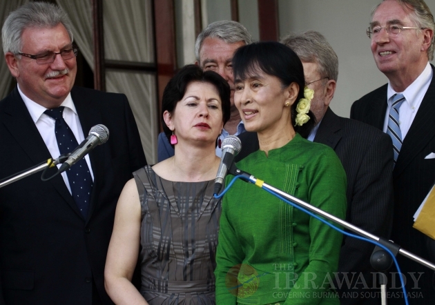 Daw Suu meets parliament member of EU at her house Wednesday, Feb.29, 2012, in Yangon, Myanmar.