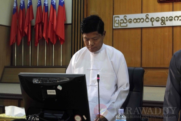 Union Election commission member delivers his speech during the meeting in Nay Pyi Daw.