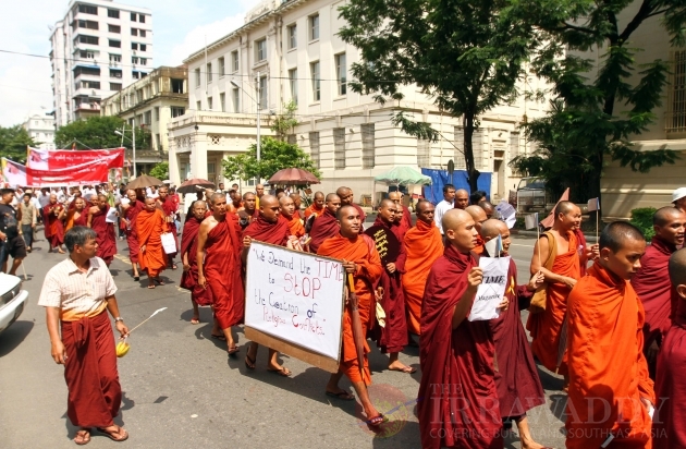 monks protest against Time magazine in central Yangon