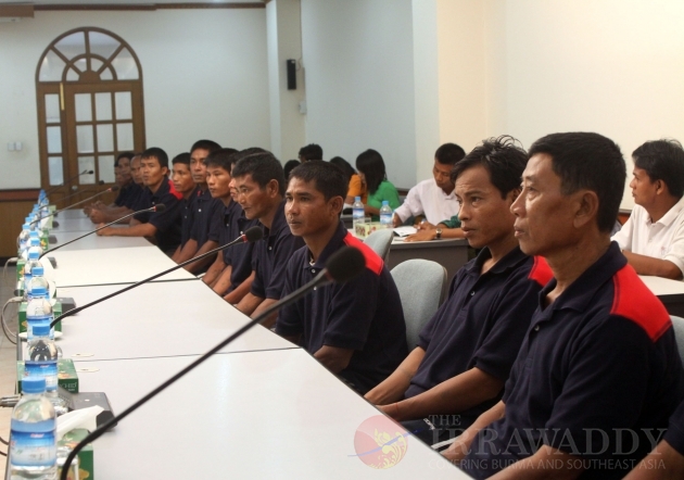 Burma fishermen rescued by Sri Lankan Navy are seen during a press conference at Myanmar Fisheries Federation (MFF).