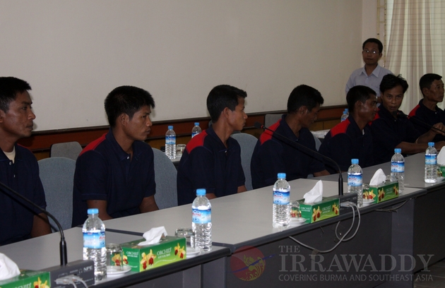 Burma fishermen rescued by Sri Lankan Navy are seen during a press conference at Myanmar Fisheries Federation (MFF).