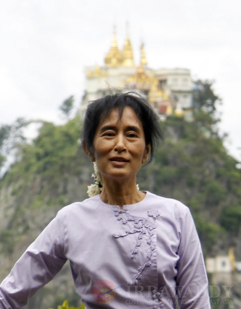 First Myanmar democracy leader Aung San Suu Kyi go to mount Popa and views around the mountain.