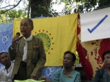 Chairman of Democratic Party (Myanmar), U Thu Wai runs political campaign at Gyobingauk in western Bago Region, Burma.
