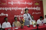 Burma pro-democracy leader Aung San Suu Kyi gives speeches at a meeting with young people at National League for Democracy headquarters in Bahan Township, Rangoon.