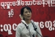 Burma pro-democracy leader Aung San Suu Kyi addresses during meeting with youth members of her National League for Democracy at the party's headquarters in Rangoon, Burma.