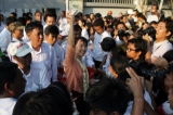 Daw Suu and her party members give the foods to the supporters on Burmese New Yer day, 16 April 2012, Yangon, Myanmar.