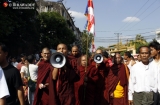 12-12-12 - Monks protest - PHOTO - Jpaing Buddhist monks protest against the Monywa copper mine  and subsequent attack on protesters  by police, at Sula Pagoda in downtown Rangoon