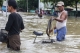 local residents show a dead snake a flooded road after the Bago River swollen in Bago.