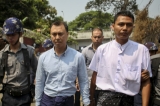 V Gastro Bar owner Tun Thurein, manager Htut Ko Ko Lwin and New Zealand national general manager Philip Blackwood, who used a Buddha image wearing headphones for promotion was sentenced to two-and-a-half-year in prison with hard labor on March 17, 2015. (Photo: Thaw Hein Htet/The Irrawaddy)