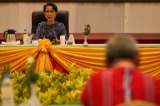 State Counselor Aung San Suu Kyi, upper right, meets with members of the Joint Monitoring Committee in Naypyidaw on April 27,2016 . (Photo: Hein Htet / The Irrawaddy). (Photo: Hein Htet / The Irrawaddy)