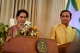 Myanmar's foreign minister and state counsellor Aung San Suu Kyi (L) aund Thailand's Prime Minister Prayuth Chan-Ocha (R)  speaks at a press conference at house in Bangkok ,Thailand, June 24, 2016. ( Photo - JPaing / The Irrawaddy )
