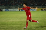 Myanmar player David Htan celebrates after scoring against Malaysia during the AFF Suzuki Cup Group B soccer match in Thuwanna Football statdium in Yangon on November 26, 2016. Hein Htet/The Irrawaddy