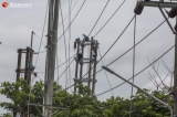 Electrical workers repair the transmission tower at Tarmwe township on June 29, 2019.  Photo - Htet Wai/ Irrawaddy