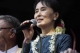 Aung San Suu Kyi gives a speech to the public after her release at the NLD headquarters in Rangoon, Burma.