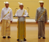 Burma President Thein Sein (Centre) delivers his speech while he is flanked by Vice President Thiha Thura Tin Aung Myint Oo (Left) and Vice President Sai Mauk Khan (a) Maung Ohn at the parliament in Naypyidaw, Burma.