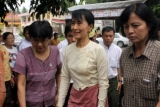 Burma pro-democracy leader Aung San Suu Kyi arrives at her National League for Democracy to attend a ceremony of donation cash to family members of political prisoners at NLD party's headquarters, in Rangoon, Burma.