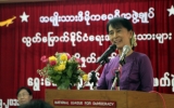 Burma pro-democracy leader Aung San Suu Kyi delivers her speech during the welcoming ceremony to political prisoners who released on May.17 and paper reading session on elections conducted by her National League for Democracy party (NLD) at the headquarters of the party in Rangoon, Burma.