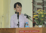 Myanmar  democracy leader Aung San Suu Kyi attends an event of 23rd anniversary of her National League for Democracy party at the party’s headquarters on Tuesday, September 27, 2011, in yangon, Myanmar.
