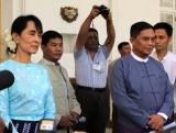 Myanmar democracy leader Aung San Suu Kyi meet Myanmar Social Welfare and Labors Minister U Aung Kyi at Seinleikanthar government guest house today. (30.oct. 2011) in Yangon, Myanmar.