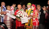 KNU representative, Gen.Mu Tu and his fellows revceive the gift basket, Pa-an, Karen State, Myanmar, 11 Jan 2012
