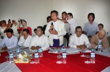 06-09-12 Peace conference - PHOTO Jpaing Delegates from ten democratic parties and the Burmese Peace Mission hold a conference at Yuzana Hotel in Shwe Gone Taing township in Yangon at 1 pm today. Moe Thee Zun, (seated, second from right), and other exiles who recently returned to Burma also attended the conference.