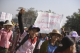 17-02-15 - PHOTO Sai Zaw Workers from Shwe Pyi Thar industrial zone demonstrate for wages and labour rights on the morning of Feb 17. Hundreds of labourers  walked from Shwe Pyi Thar to Insein Township led by their workers strike committee. Although the initial plan was to walk to the Divisional Government Office, but workers temporarily stopped their walk after negotiation with government officials and employers.