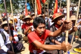 Student protesters  at the standoff in front of a monastery in Letpadan March 3. 2015. ( Photo - JPaing / The Irrawaddy)