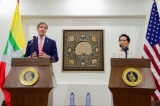 Myanmar Foreign Minister Aung San Suu Kyi addresses reporters during a news conference with U.S. Secretary of State John Kerry that followed their bilateral meeting on May 22, 2016, at the Ministry of Foreign Affairs in Naypyitaw, Myanmar. [State Department photo/ Public Domain]