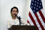 Myanmar Foreign Minister Aung San Suu Kyi addresses reporters during a news conference with U.S. Secretary of State John Kerry that followed their bilateral meeting on May 22, 2016, at the Ministry of Foreign Affairs in Naypyitaw, Myanmar. ( Photo - Htet Naing Zaw / The Irrawaddy )