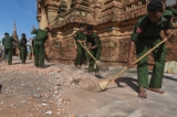 Burma’s military collect the debris at famed Htilominlo Temple in Bagan on  Aungest 25, morning after a 6.8 magnitude earthquake hit the ancient city on Aungest 24,2016.( Photo - JPaing / The Irrawaddy )