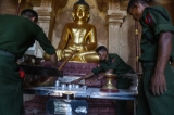 Burma’s military collect the debris at famed Htilominlo Temple in Bagan on  Aungest 25, morning after a 6.8 magnitude earthquake hit the ancient city on Aungest 24,2016.( Photo - JPaing / The Irrawaddy )