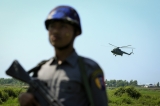 A Myanmar air force helicopter arrives at Maungdaw township in Rakhine State.