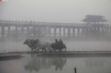 Life around Taungthaman Lake and U Bein Bridge on a misty morning (Photo: Zaw Zaw / The Irrawaddy)